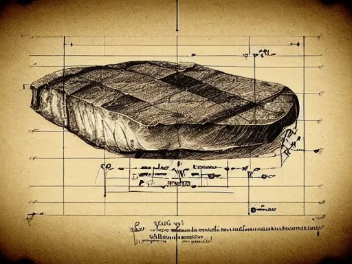 Prompt: blueprint technical drawing of a steak, schematic, sepia, old paper, art by da vinci