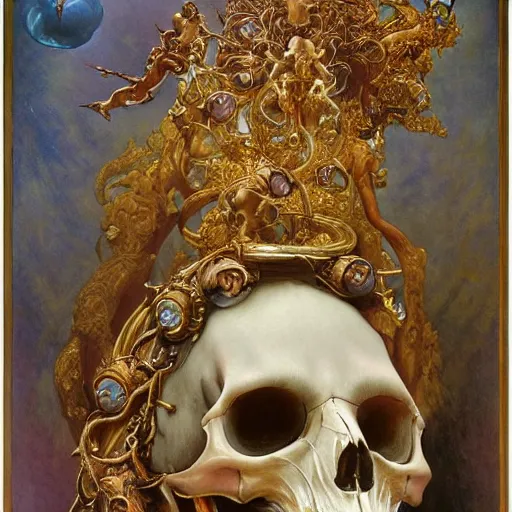 Prompt: hyper realistic painting of devil skull, gold ornaments, flowing fabric, intrincate detail, detailed faces by wayne barlowe, gustav moreau, goward, gaston bussiere and roberto ferri, santiago caruso, and austin osman spare, bouguereau, alphonse mucha, saturno butto,