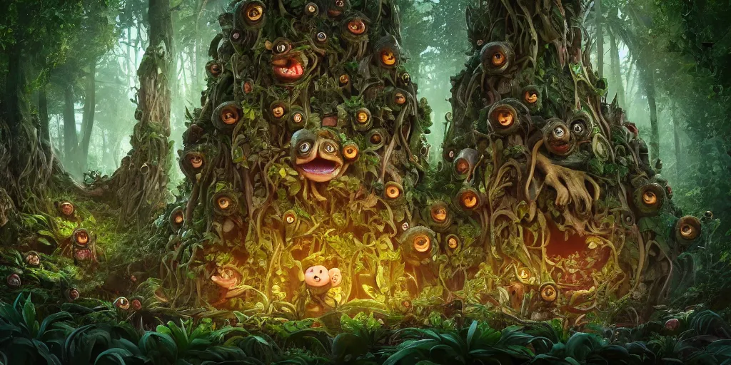 Image similar to of an intricate forest with strange cute friendly happy creatures with huge eyes, mouth, long tongue, round teeth and goofy face, appearing from the background, in the style of gehry and gaudi, macro lens, shallow depth of field, ultra detailed, digital painting, trending artstation, concept art, illustration, cinematic lighting, photorealism, epic, octane render