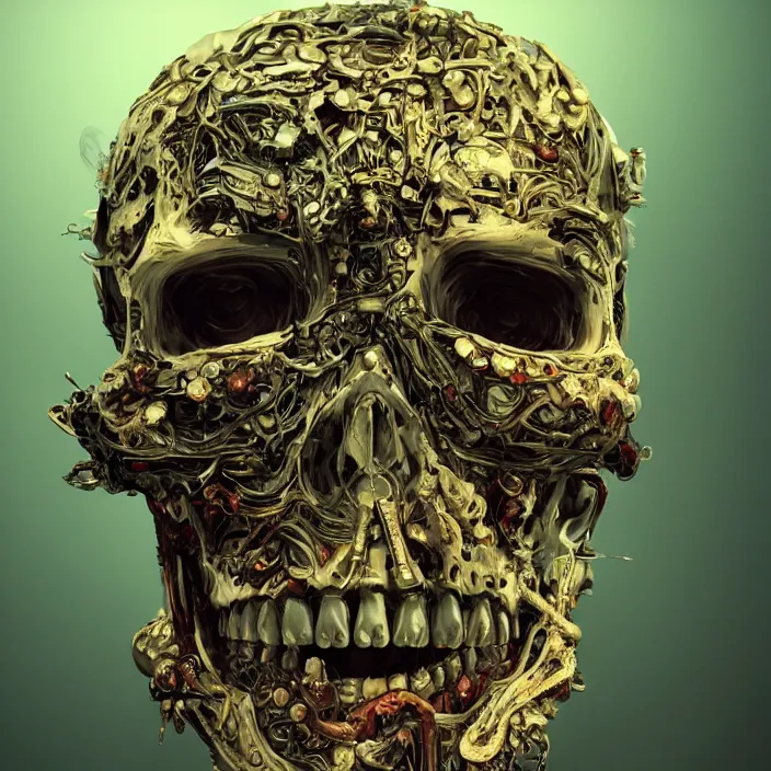 Image similar to portrait of an android skull. razor sharp teeth. infected with zombie virus. intricate abstract. intricate artwork. nightmare fuel. by Tooth Wu, wlop, beeple, dan mumford. octane render, trending on artstation, greg rutkowski very coherent symmetrical artwork. cinematic, hyper realism, high detail, octane render, 8k, iridescent accents