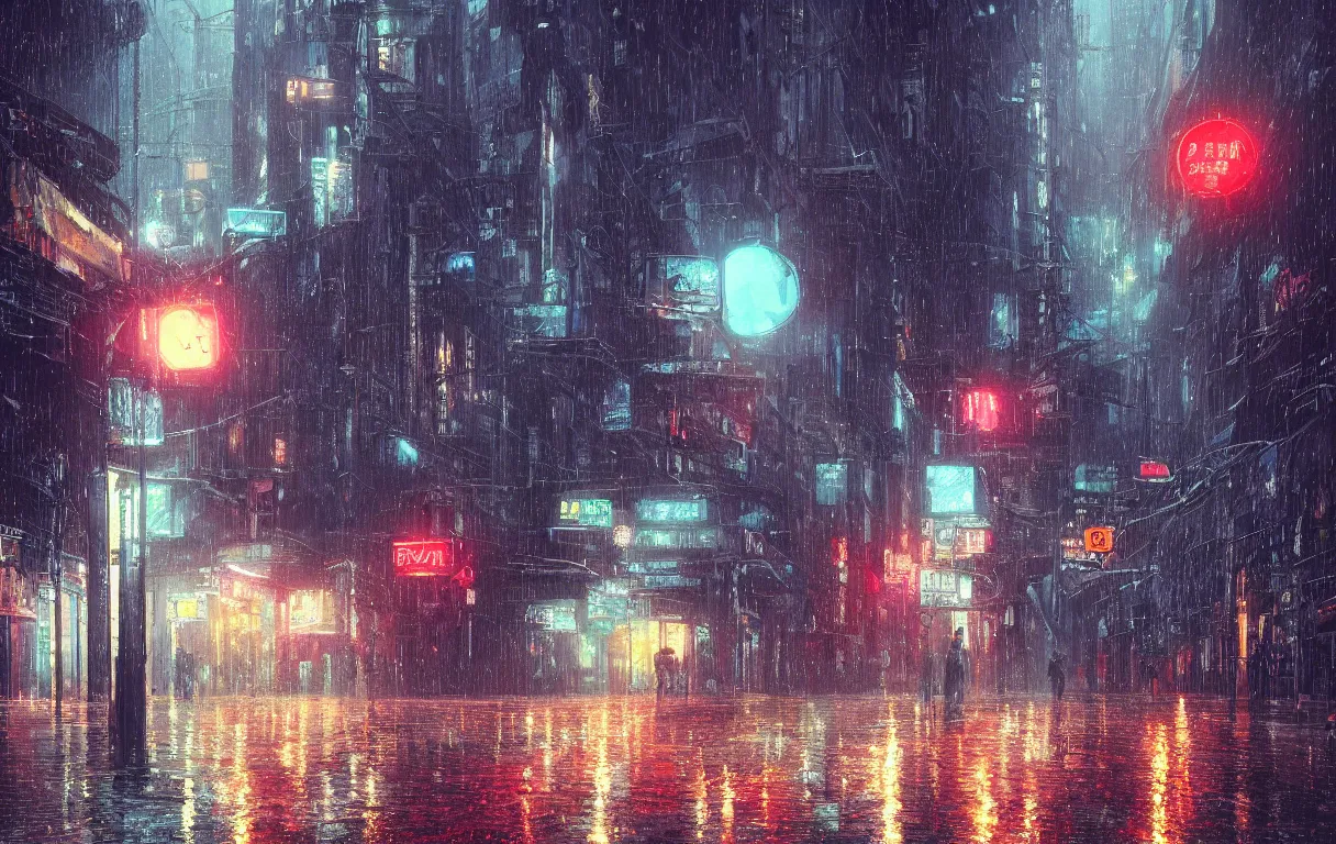 Prompt: A digital painting of a close-up view of a raining cyberpunk street in Guangzhou, some street lights and padestrians, by Ismail Inceoglu and Caspar David Friedrich, 4k, ue5, light effect, rtx on, realistic, cinematic, trending on artstation