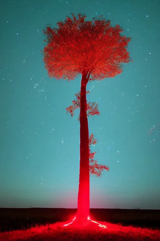 Prompt: A giant glowing red tree made out of light in the center of a corn field blasting off into space, 8K UHD