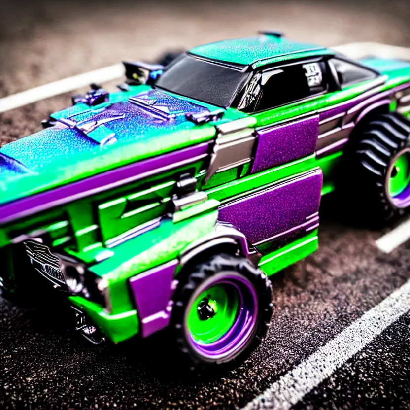 Image similar to close-up JZX100 twin turbo drift jet engine monster truck drag racer cowboy Cadillac in the road, Tokyo prefecture, Japanese architecture, city sunset mist lights, cinematic lighting, photorealistic, detailed alloy wheels, highly detailed purple green snake oil wacky races power ranger bat-mobile transformer car