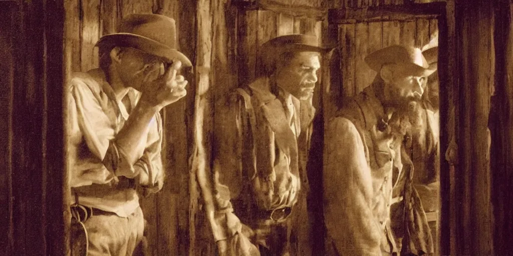 Prompt: in an old west cabin, close up portrait of beautiful Mila Jovovich (alone) in the doorway and Dave Bautista cowboy standing opposite ((alone)) at the window, arguing, symmetrical, in the style of Fredrick Remington, oil painting, cinematic