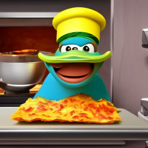 Image similar to pixar 3 d style cute platypus on a kitchen wearing a chef hat and holding a lasagna into an oven, pixar style, 3 d, ratatouille style