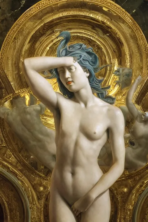 Image similar to marble sculpture depicting a woman programming the samsara holy cluster, hi tech, sci fi, dramatic light, concept art, stunning, visionary, mystical, hyper realistic, beautiful, wow, gilt metal, rich marbles, by gian lorenzo bernini, by brecht evens, by jean delville