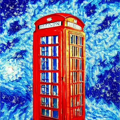 Image similar to a blue english phone booth exploding in space, impressionism, in the style of van gogh