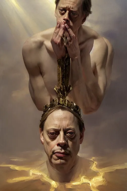 Image similar to beautiful oil painting portrait of ancient roman god emperor steve buscemi wearing the civic crown levitating and ascending religious pose, ascension, art by anders zorn, wonderful masterpiece by greg rutkowski, expressive brush strokes, beautiful cinematic light, american romanticism by greg manchess, jessica rossier