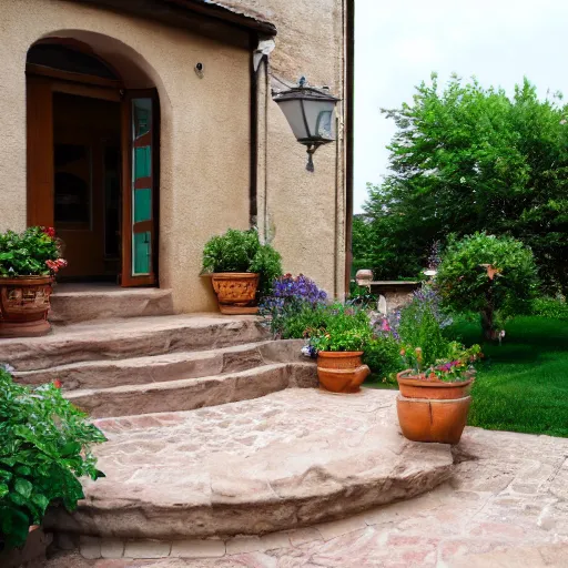 Image similar to paved porch with staircase on the left that goes to the first floor in an italian courtyard