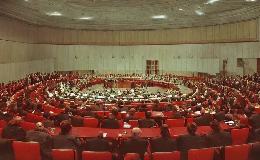 Image similar to 60s movie still of a CCCP congress in a stanilist style parlement, by Irving Penn , cinestill 800t 35mm eastmancolor, heavy grainy picture, very detailed, high quality, 4k, HD criterion, precise texture