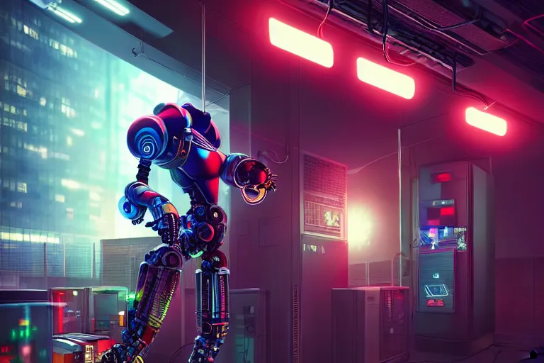 Prompt: stylish detailed robot against the background of the data center, server, wires, neon light, high quality and many details, by sandra chevrier, reylia slaby, liam wong, hd, rtx, unreal engine, octane, wonderful