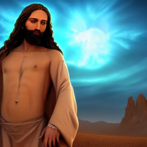 Prompt: an Artstation 3d render of Very very very very highly detailed beautiful mystic photo of jesus in the desert, intricate, extremely detailed, digital painting, artstation, concept art, smooth, sharp focus, illustration, intimidating lighting, incredible art,