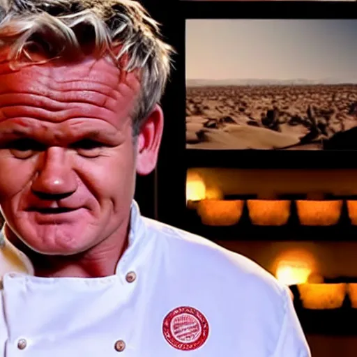 Prompt: gordon ramsey is so impressed by the contestant's desert that he shows his true, horrific form