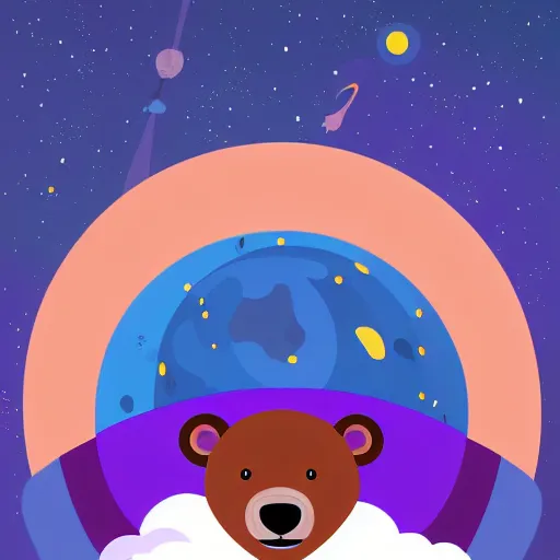 Image similar to cartoon animated illustration of a bear mascot being launched from a futuristic marble planet, purple and orange cloudland