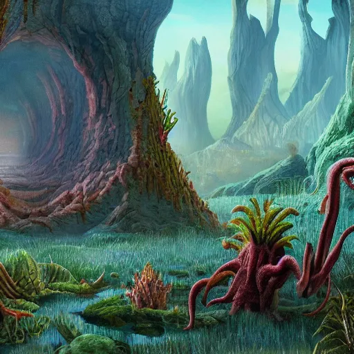 Image similar to An otherwordly, alien landscape with strange plants and creatures.