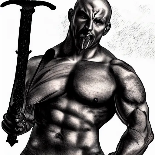 Image similar to muscular bald man, tattooed body, sword in hands, HD, anime style,