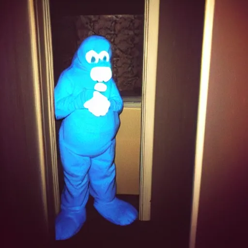 Prompt: grainy photo of a smurf as a creepy monster in a closet, harsh flash