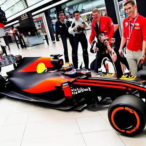 Prompt: Max Verstappen with his formula 1 car in a shopping mall, people are scared and jump away, 8k