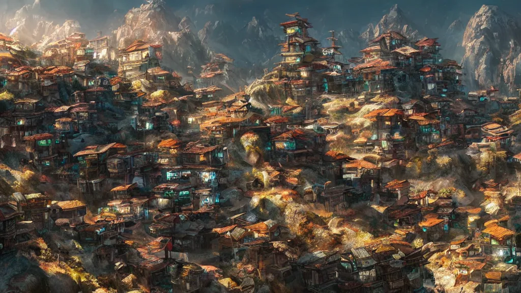 Image similar to small oriental mountainside village in cyberpunk style, concept art, hyperrealistic, highly detailed, 4 k hd