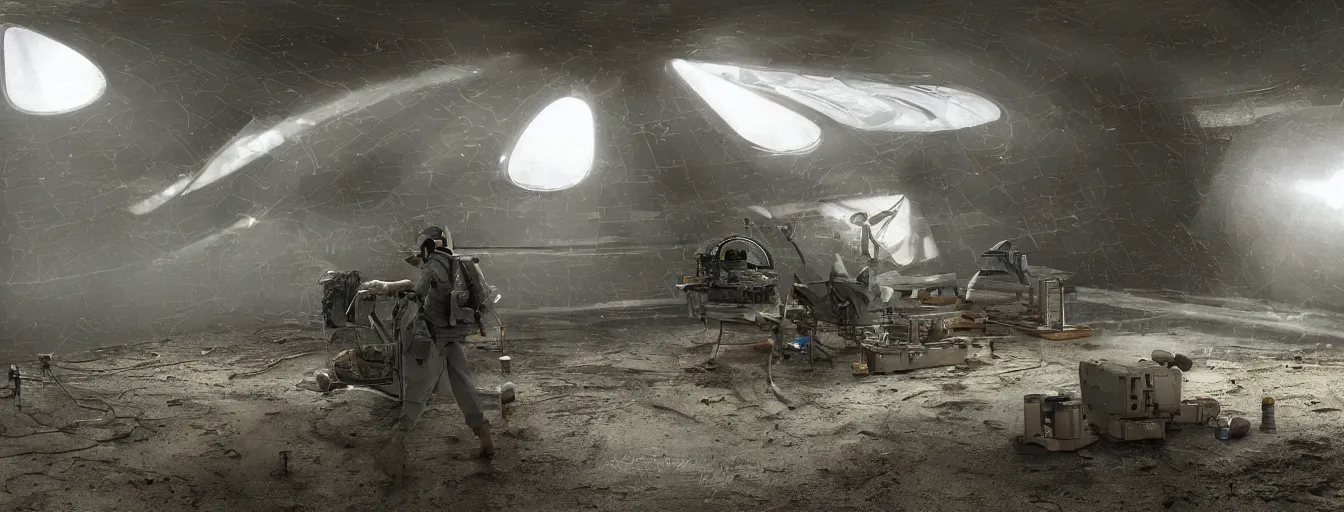 Image similar to engineer repairs secret flying saucer full of unknown military equipment in the hall of area 55, high detail, ground fog, wet reflective ground, saturated colors, by James Paick, render Unreal Engine-H 704