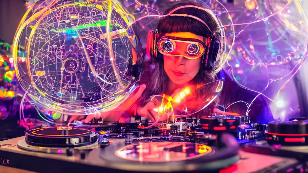 Image similar to a woman wearing goggles and visor and headphones using an intricate clockwork record player turntable contraption, wires and tubes everywhere, turntablism dj scratching, intricate planetary gears, cinematic, imax, sharp focus, led light strips, bokeh, iridescent, black light, fog machine, hazy, computer screens, lasers, light trails, hyper color photograph