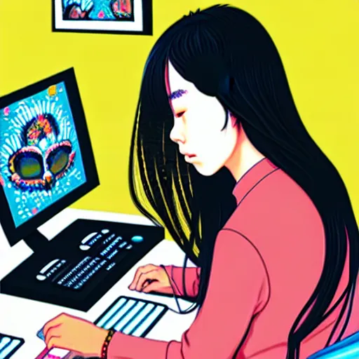 Image similar to full view of indigenous taiwanese girl studying at her computer, in the year 2 0 4 0, style of yoshii chie and hikari shimoda and martine johanna, highly detailed