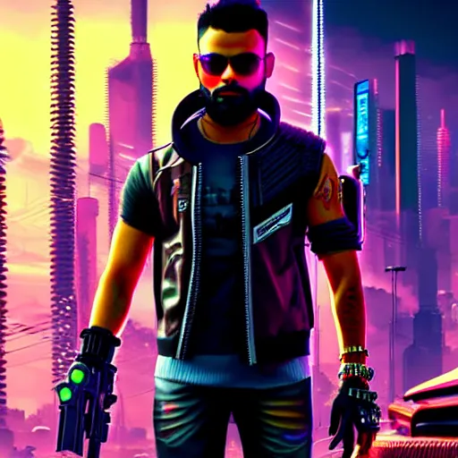 Prompt: Virat Kholi, in CyberPunk 2077, reimagined as a cyberpunk dystopia, 4k highly detailed digital art 4k highly detailed digital art