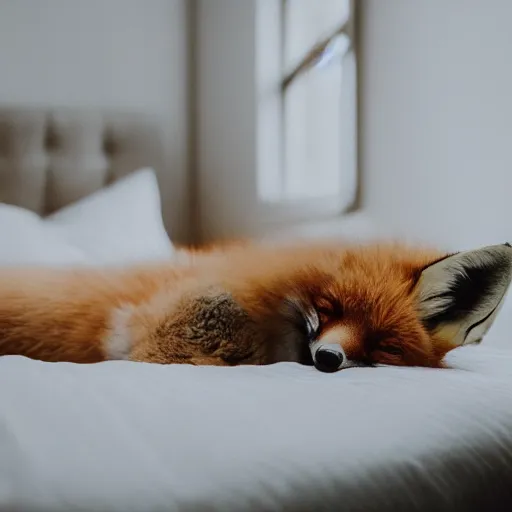 Image similar to a cute photograph of a fox lying in bed sleeping, eyes closed, soft focus, studio lighting, 50mm