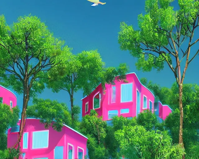 Image similar to turkey! - hungary! khaganate in 2 0 3 3 year, with futuristic! buildings, with pink! and green! trees around buildings, highly detailed digital art