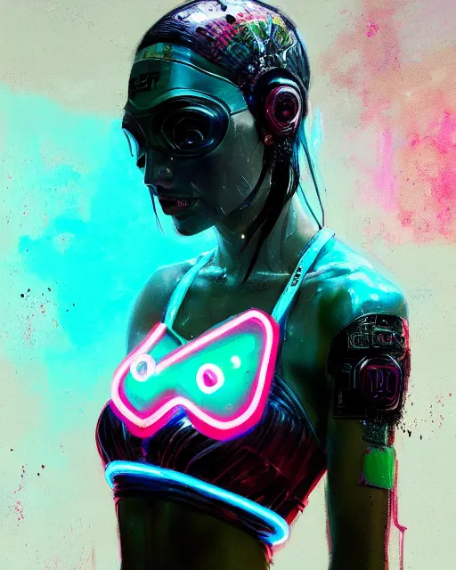 Image similar to detailed portrait Gal Gadot Neon boxer , cyberpunk futuristic neon, reflective crop top and shorts, boxing gloves, decorated with traditional Japanese ornaments by Ismail inceoglu dragan bibin hans thoma greg rutkowski Alexandros Pyromallis Nekro Rene Maritte Illustrated, Perfect face, fine details, realistic shaded, fine-face, pretty face