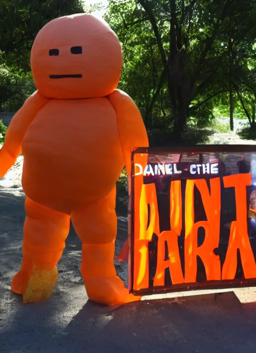 Image similar to giant orange glowing humanoid with a sign saying Daniel Aros