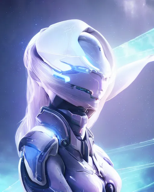 Image similar to perfect android girl on a mothership, warframe armor, beautiful face, scifi, futuristic, galaxy, nebula, raytracing, dreamy, long white hair, blue cyborg eyes, sharp focus, cinematic lighting, highly detailed, artstation, divine, by gauthier leblanc, kazuya takahashi, huifeng huang