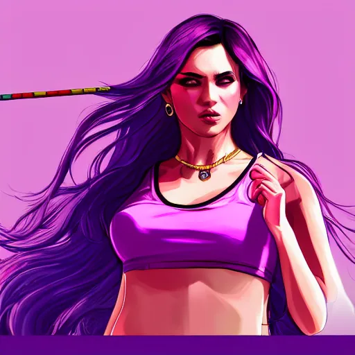 Image similar to a stunning GTA V loading screen with a beautiful woman with ombre hairstyle in purple and pink blowing in the wind licking a lollipop, digital art, trending on artstation