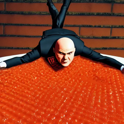 Prompt: Agent 47 swimming in a pool of orange jello