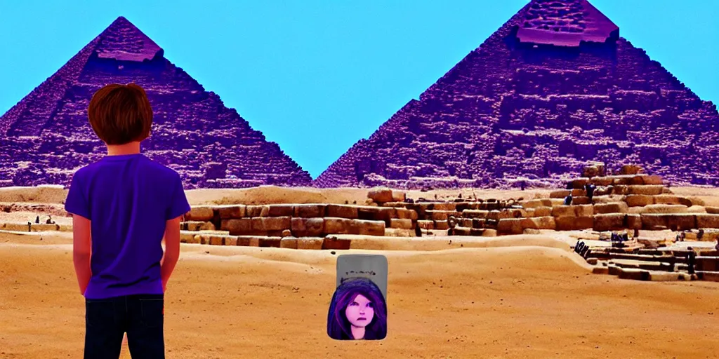 Image similar to landscape, steve jobs and a boy with purple hair in front of the pyramids, hyperrealism, intricate, 8 k, high detail