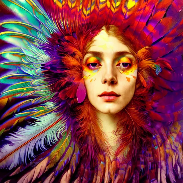 Image similar to face of young psychedelic transcendent feather mind bending psychedelic wings of glossy liquid honey flowing like kaleidoscopic translucent holograph, lsd feathers, feathery fluff, enlightenment, high contrast dappled lighting, refracted sunset, highly detailed, concept art, art by collier, albert aublet, krenz cushart, artem demura, alphonse mucha