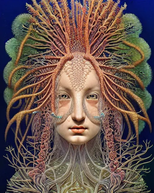 Image similar to hyperrealistic detailed underwater face portrait of the beautiful goddess of the fish with an intricate headgear of corals, sea kelp, sea plants, fish, starfish, jellyfish, art by ernst haeckel, james jean, gothic, neo - gothic, ornamental, beautiful deep colours,