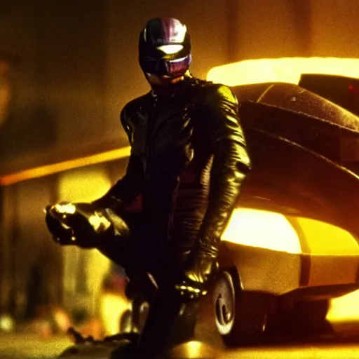 Prompt: Still of Captain Falcon and his racing machine in the movie Blade Runner, full body, cinematic lighting, 4k