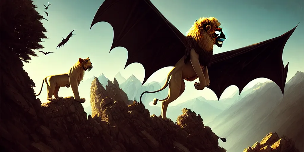 Prompt: Lion with and bat wings on a top of a mountain, art by Greg Rutkowski, highly detailed, fantasy, digital art, 8k, volumetric lighting