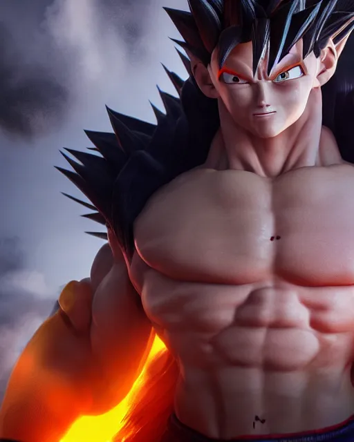 Image similar to 3 d high octane render, 8 k hyperrealism, unreal engine, photorealistic goku, portrait, dynamic lighting, photorealistic, unreal engine, octane, ultra detailed, detailed faces, hd quality, life like, high render, hd resolution