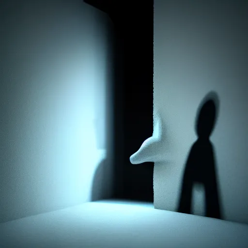 Image similar to shadow person with white eyes melting through wall creepily, Octane render, eerie, horrifying, Cinema 4D, dark horror,