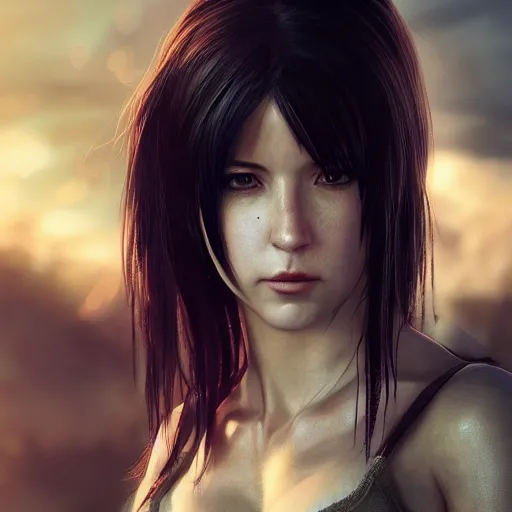 Image similar to Tifa Lockhart portrait, atmospheric lighting, painted, intricate, volumetric lighting, beautiful, golden hour, sharp focus, ultra detailed, by Leesha Hannigan, Ross Tran, Thierry Doizon, Kai Carpenter,Ignacio Fernández Ríos