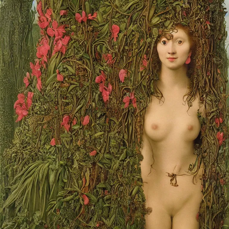 Image similar to a animalistic woman with her skin covered in plant patterns, her face looks like an orchid, huge plants tower around her, jan van eyck, max ernst, trending on artstation, 8 k