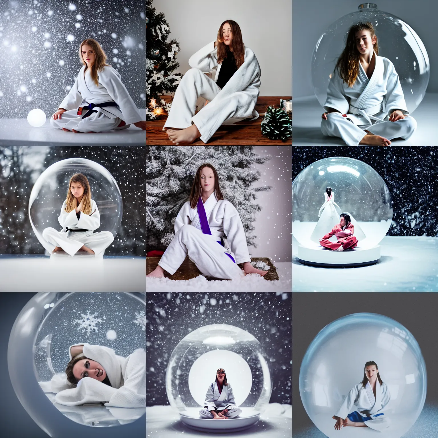 Prompt: Young white judo woman wearing a white gi, sitting inside a giant snowglobe on a shelf, macro photography