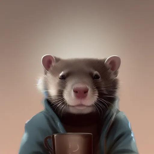 Prompt: A ferret chilling in a coffee shop sipping on his hot steaming coffee, hyperdetailed, artstation, cgsociety, 8k