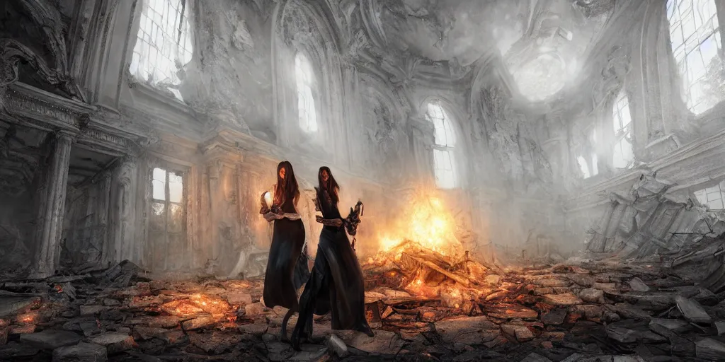 Image similar to beautiful female witches exploring scorched ruins of the white house in washington dc, portrait, 3 d render, hyper realistic, ultra detailed, ruan jia, peter morbacher, wlop, scifi, fantasy, magic the gathering, cinematic, symmetrical, octane render, concept art, 8 k