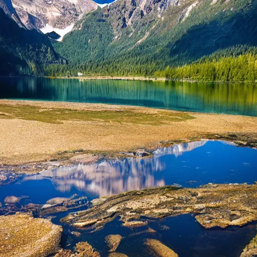 Prompt: mountains reflecting in the crystal clear water