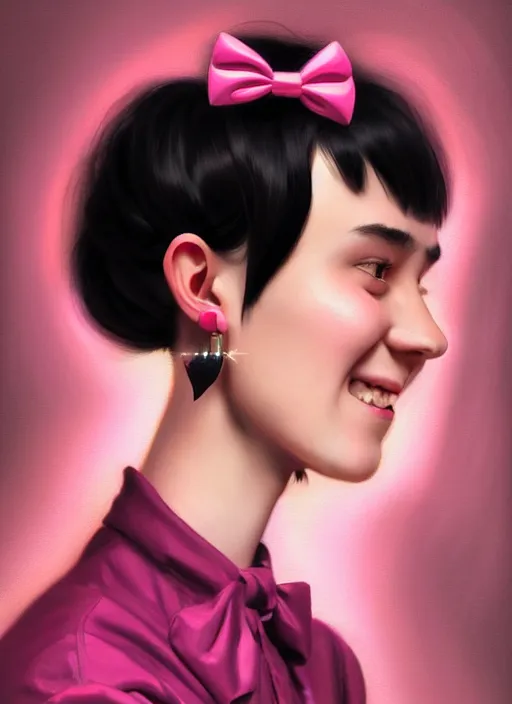 Image similar to portrait of high school girl, realistic, black hair, bangs, half updo hairstyle, pointy nose, skinny, smile, ugly, defined jawline, big chin, pink hair bow, earrings, intricate, elegant, glowing lights, highly detailed, digital painting, artstation, sharp focus, illustration, art by wlop, mars ravelo and greg rutkowski