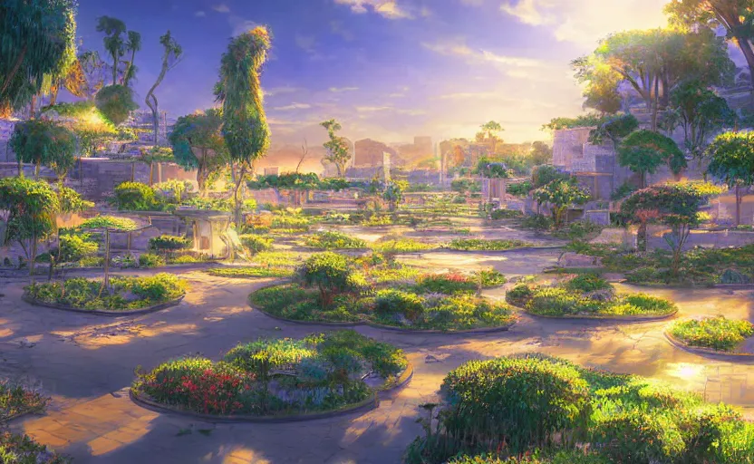 Image similar to beautiful detailed landscape artwork of the futuristic gardens of babylon, golden hour, masterpiece by Makoto Shinkai