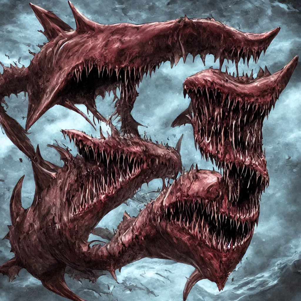 Prompt: horrifying and demonic shark creature with fangs, necromorph